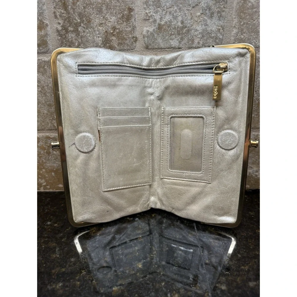 Hobo International‎ Double Kisslock Wallet Silver Gray Glazed Leather Clutch